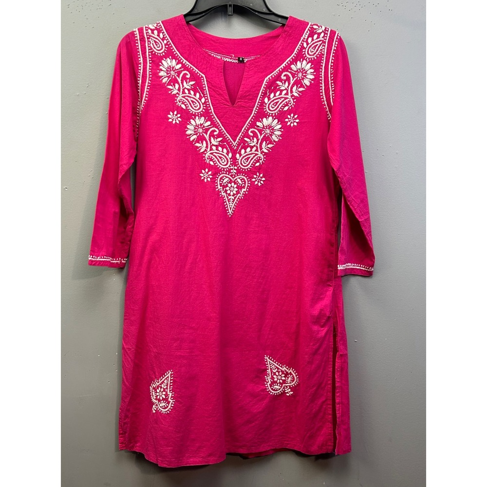 Tunic Kurta Women Small Pink Embroidered‎ Paisley Notched V-Neck 3/4 Sleeve